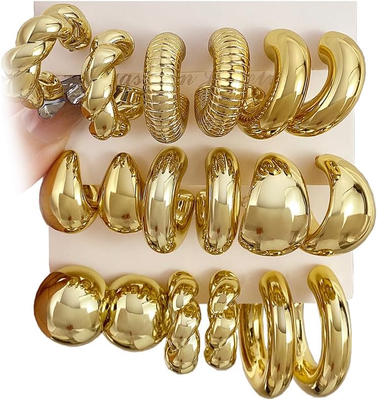 IFKM 24 Pairs Gold Hoop Earrings Set for Women Hypoallergenic Chunky Chain Twisted Open Hoops Dangle Earring Packs for Birthday Party Christmas Fashion Jewelry Gift - Image 1